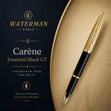 Waterman Carène Essential Fountain Pen – Black with Gold Trim (18K Gold Fine Nib)