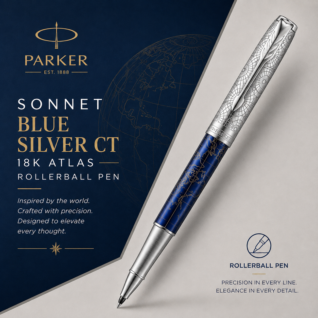 Parker Sonnet Blue Silver CT 18K Atlas Rollerball Pen