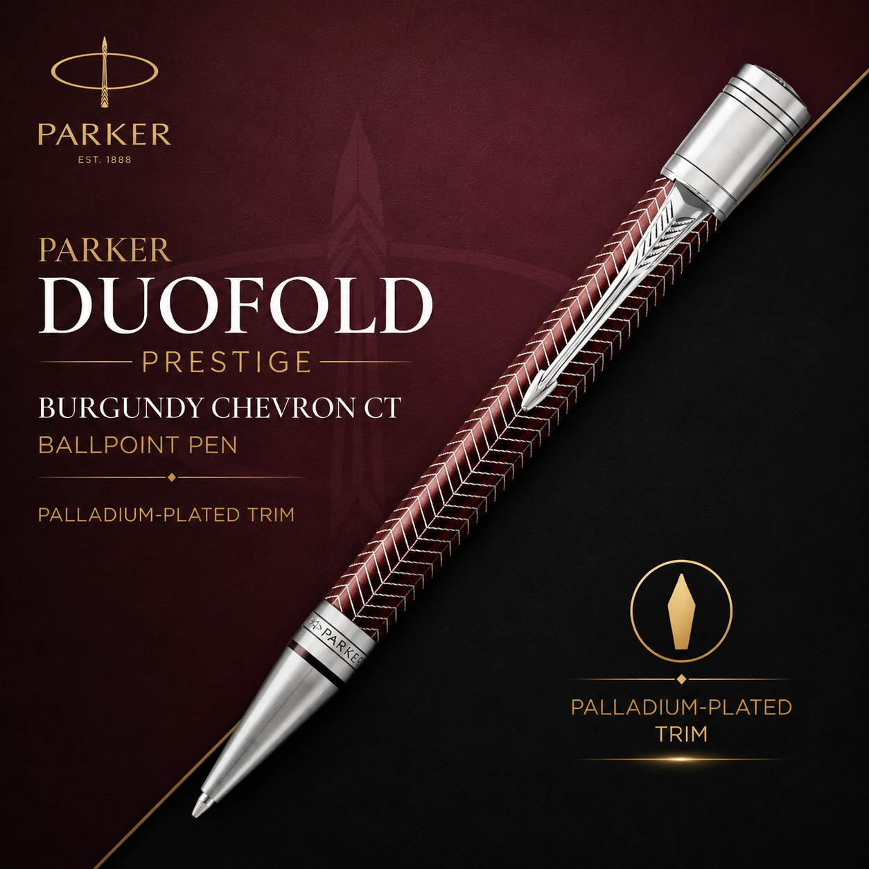 Parker Duofold Prestige Burgundy Chevron CT Ballpoint Pen – Palladium-Plated Trim
