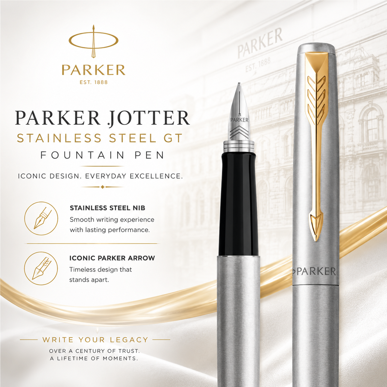 Parker Jotter Stainless Steel Gold Trim Fountain Pen