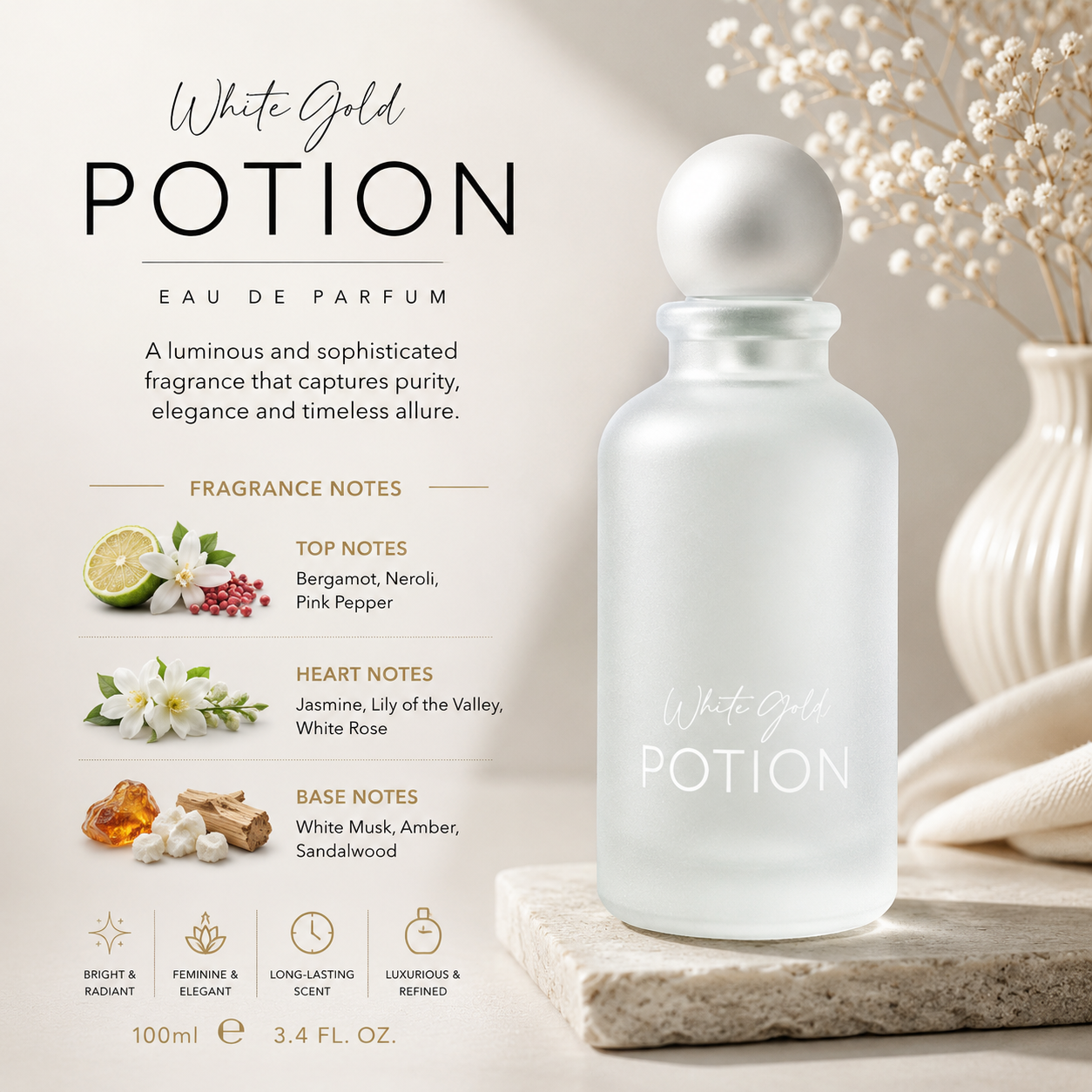 Potion White Gold Eau De Parfum 100ml – Unisex Floral Oriental