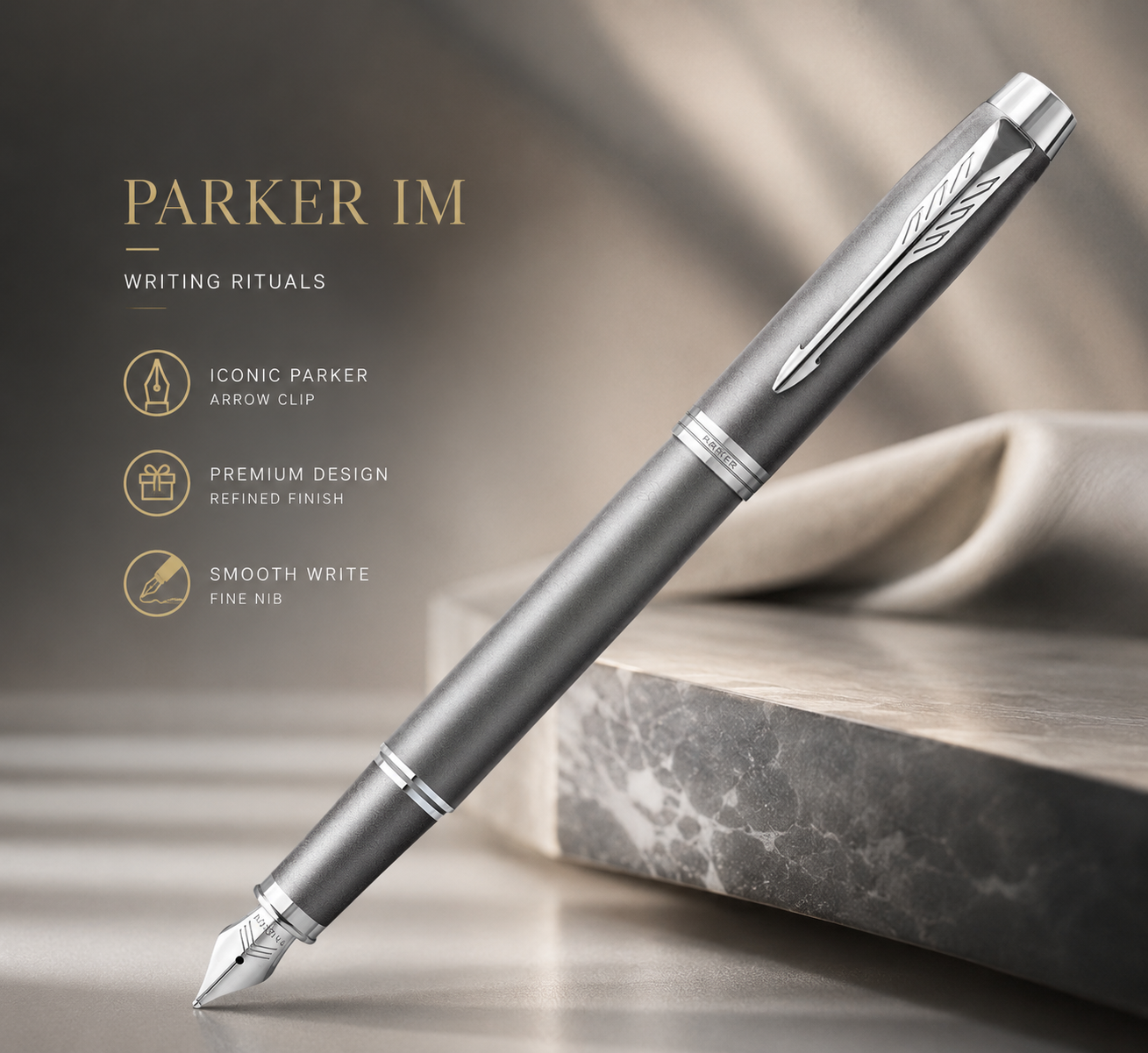 Parker IM Fountain Pen Grey Chrome – Fine Nib, Blue Ink