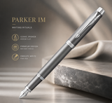 Parker IM Fountain Pen Grey Chrome – Fine Nib, Blue Ink