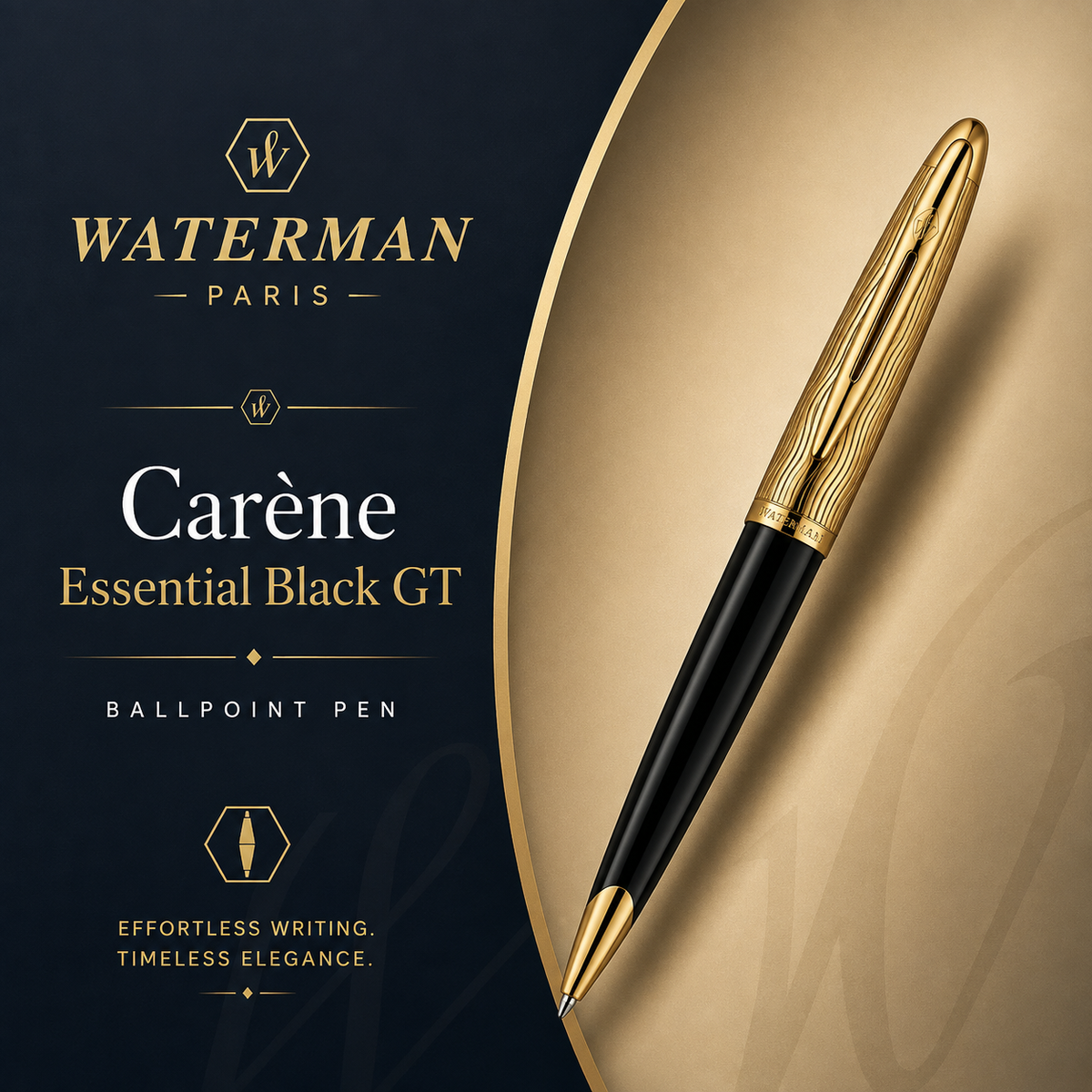 Waterman Carène Essential Black GT Ballpoint Pen – 23K Gold-Plated Trim