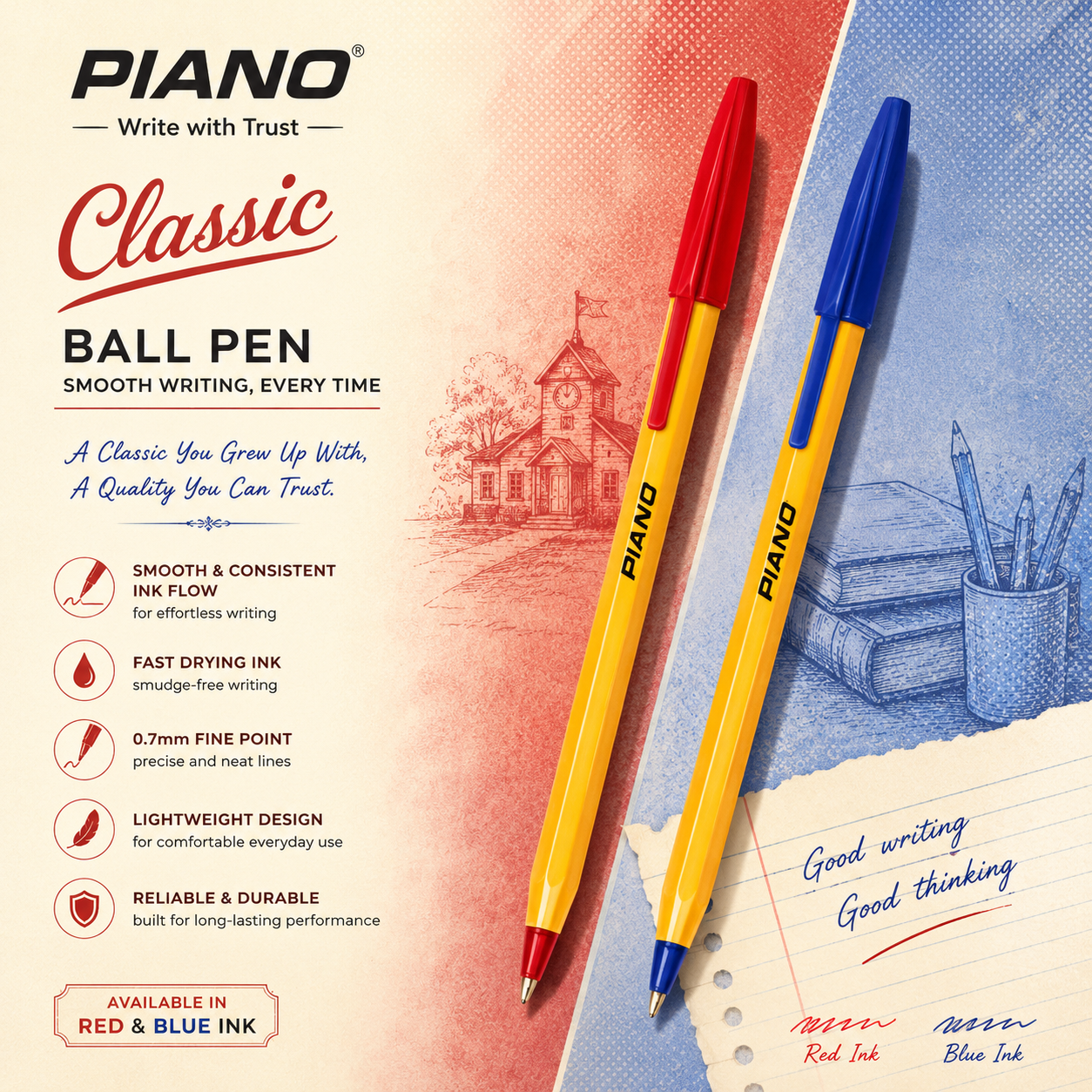 Piano Ballpoint Pen Yellow – Pack of 10 | Blue & Red Ink