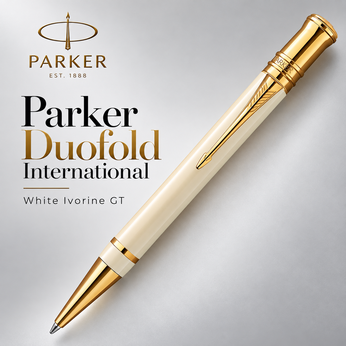 Parker Duofold International White Ivorine GT Ballpoint Pen – 23K Gold-Plated Trim