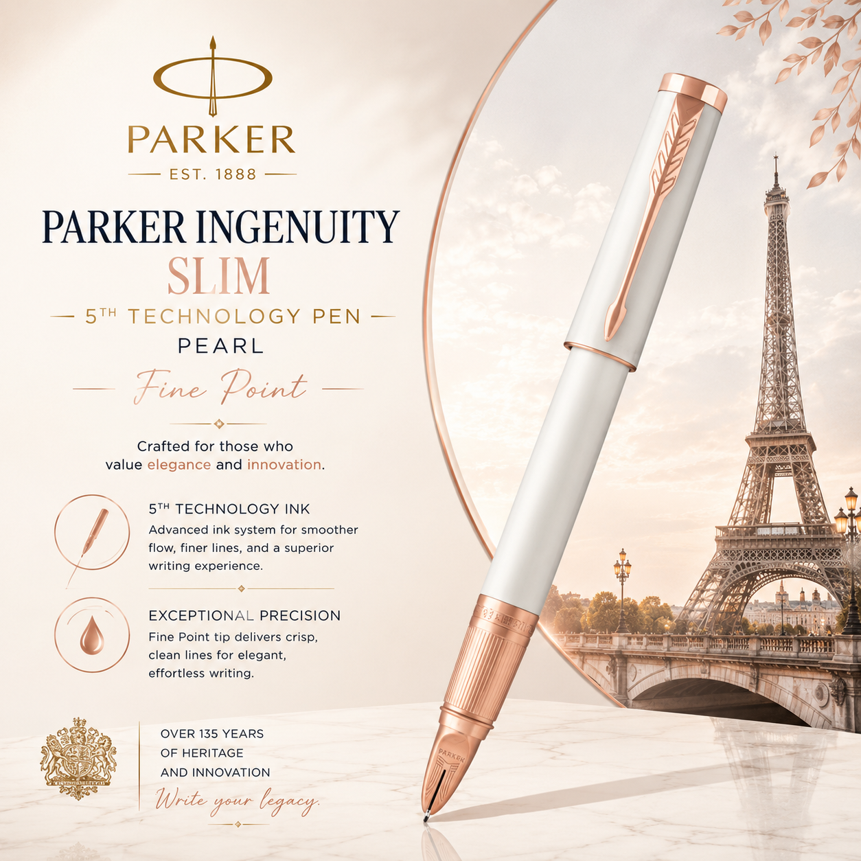 Parker Ingenuity Slim 5th Technology Rollerball Pen | Pearl & Pink Gold Trim, Fine