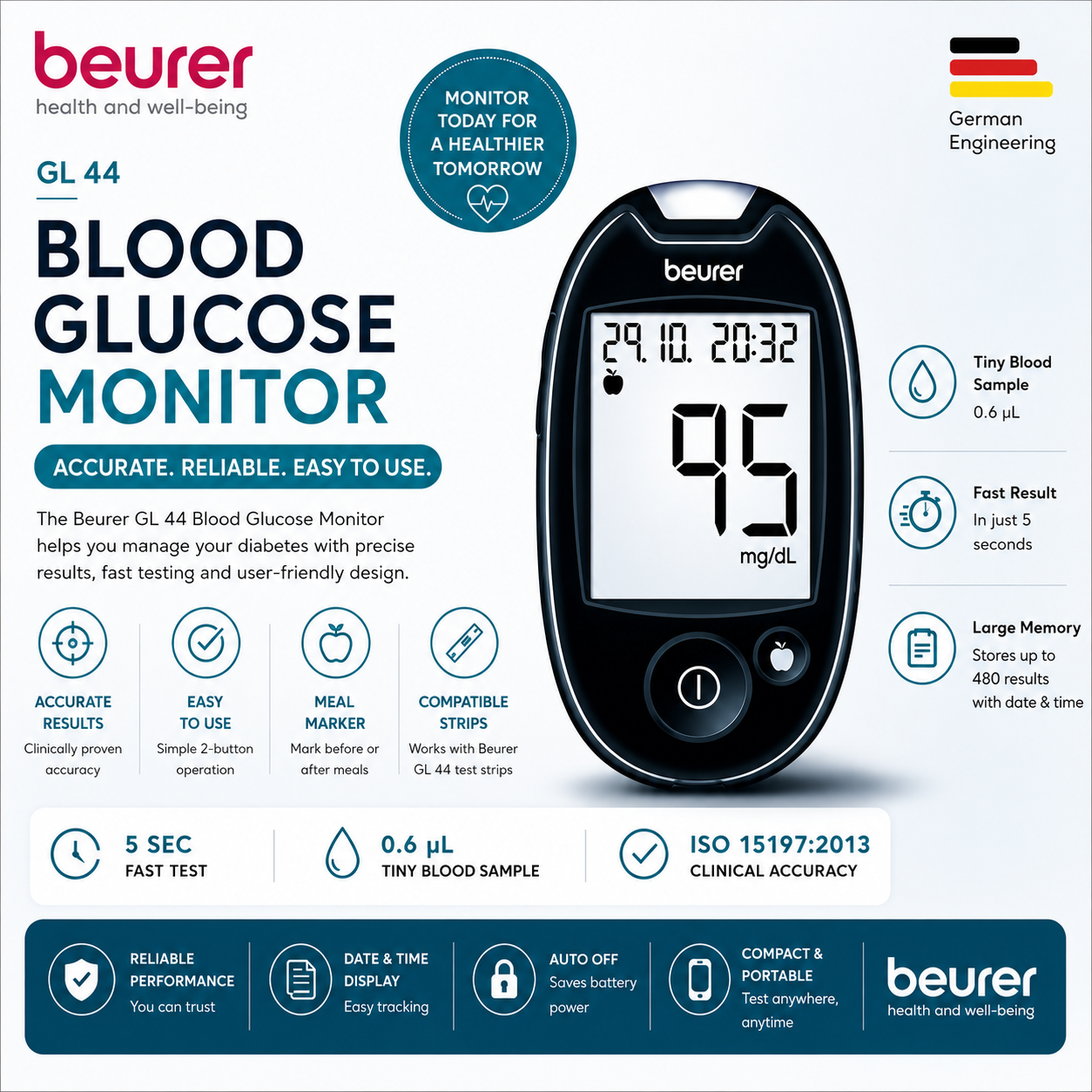 Beurer GL 44 blood glucose monitor, black glucometer with mg/dL display