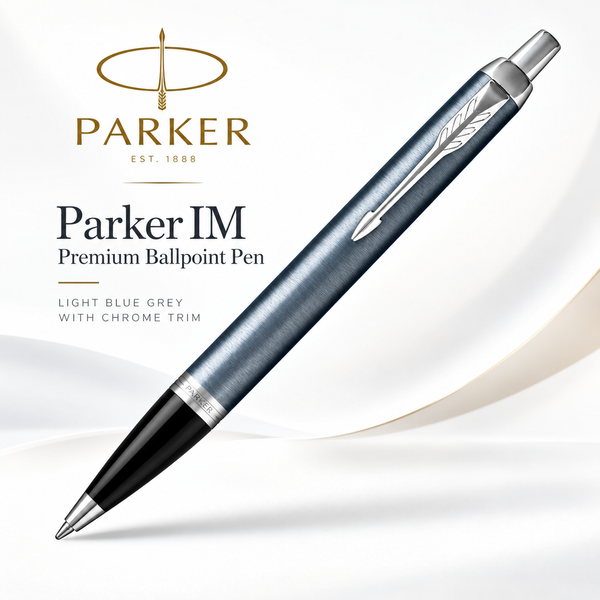 Parker IM Premium Ballpoint Pen – Light Blue Grey with Chrome Trim