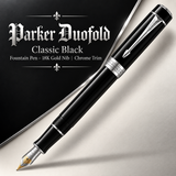 Parker Duofold Classic Black Fountain Pen – 18K Gold Nib | 23K Gold Trim