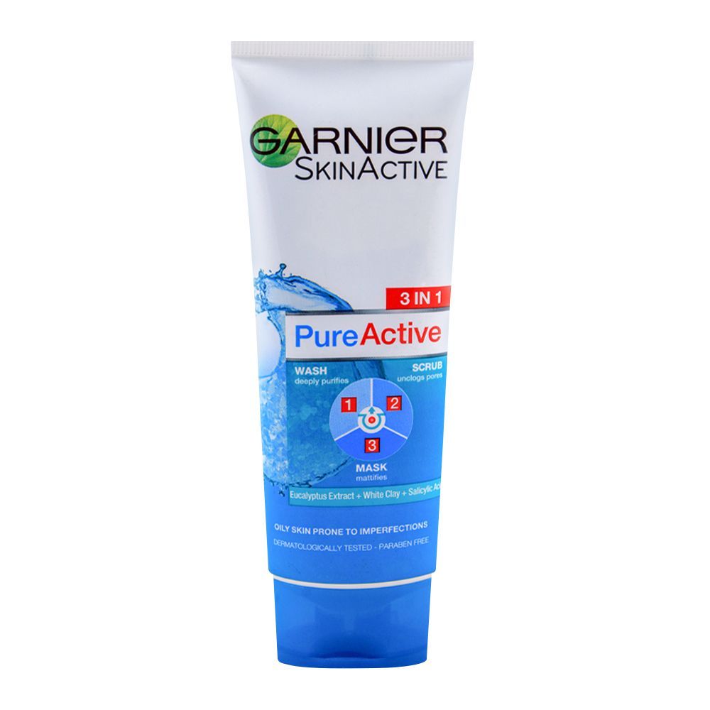 Garnier Skin Active Pure Active 3-in-1 Wash, Scrub, Mask, For Oily Skin, 100ml