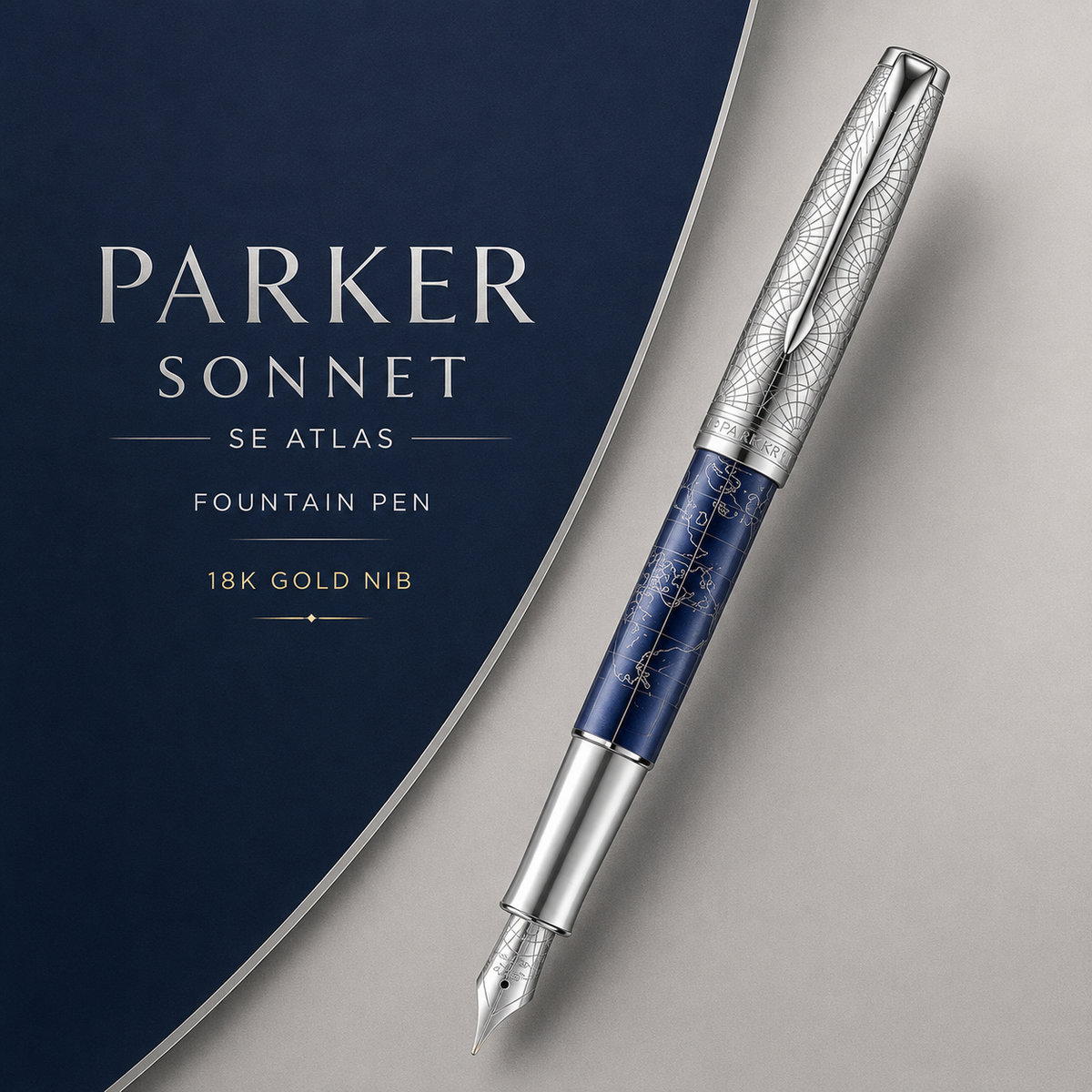 Parker Sonnet SE Atlas Fountain Pen – Blue Silver | 18K Gold Nib (Medium)