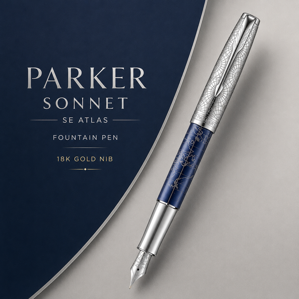 Parker Sonnet SE Atlas Fountain Pen – Blue Silver | 18K Gold Nib (Medium)