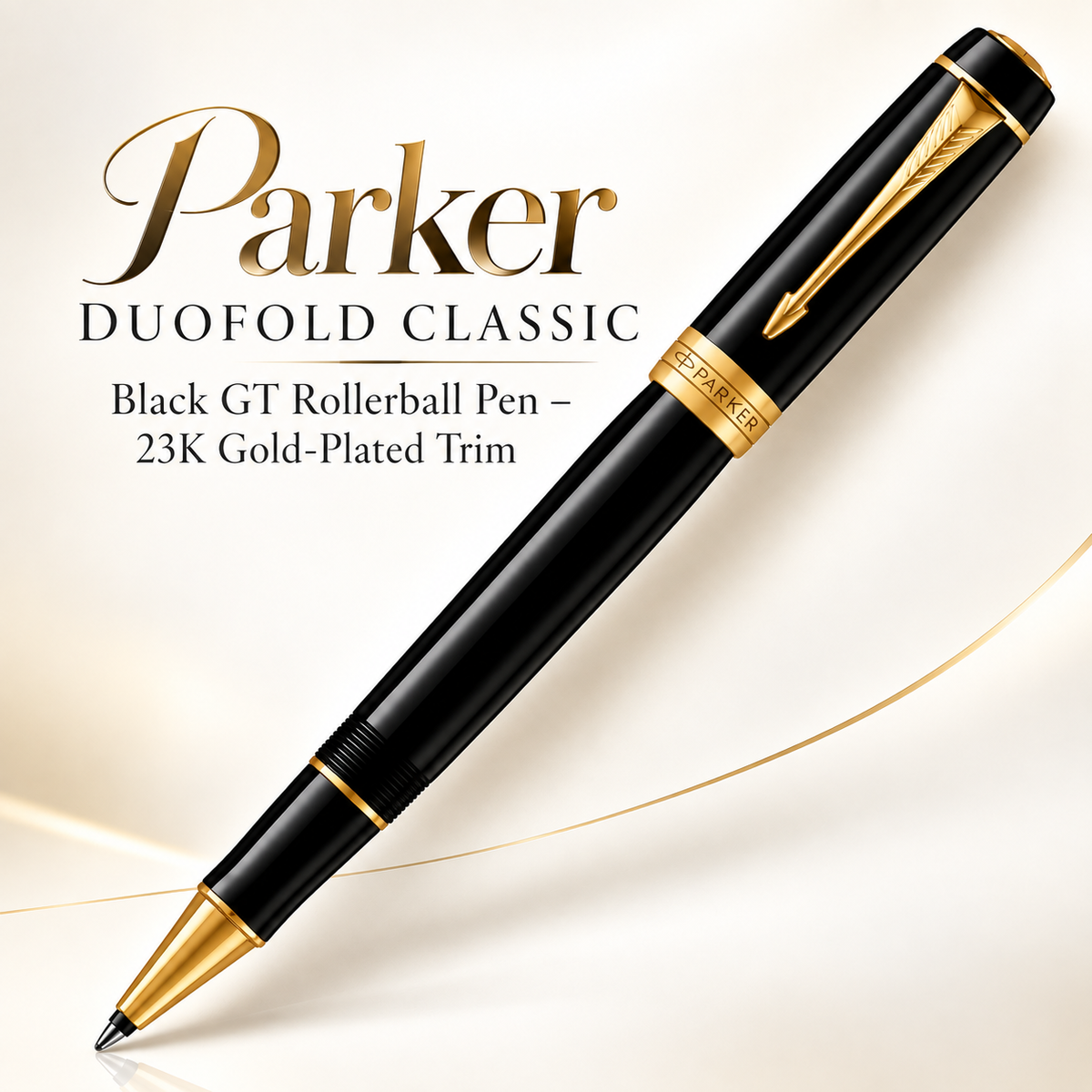 Parker Duofold Classic Black GT Rollerball Pen – 23K Gold-Plated Trim