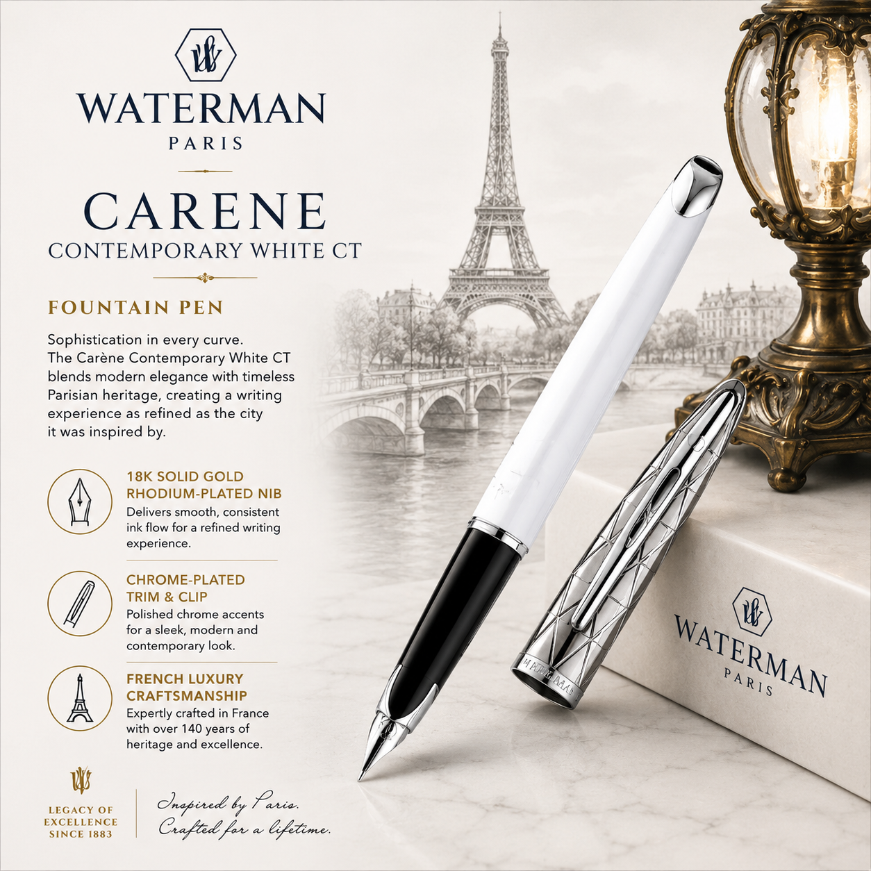 Waterman Carène Fountain Pen – Contemporary White (Chrome Trim)