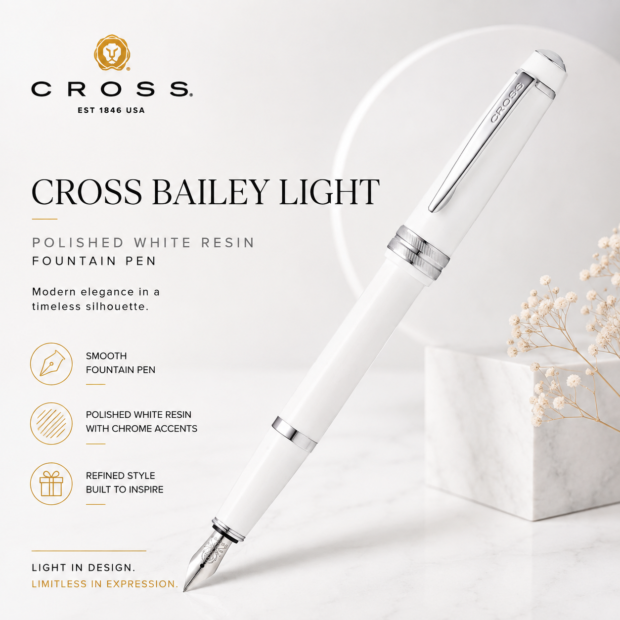 Cross Bailey Light Polished White Resin Fountain Pen