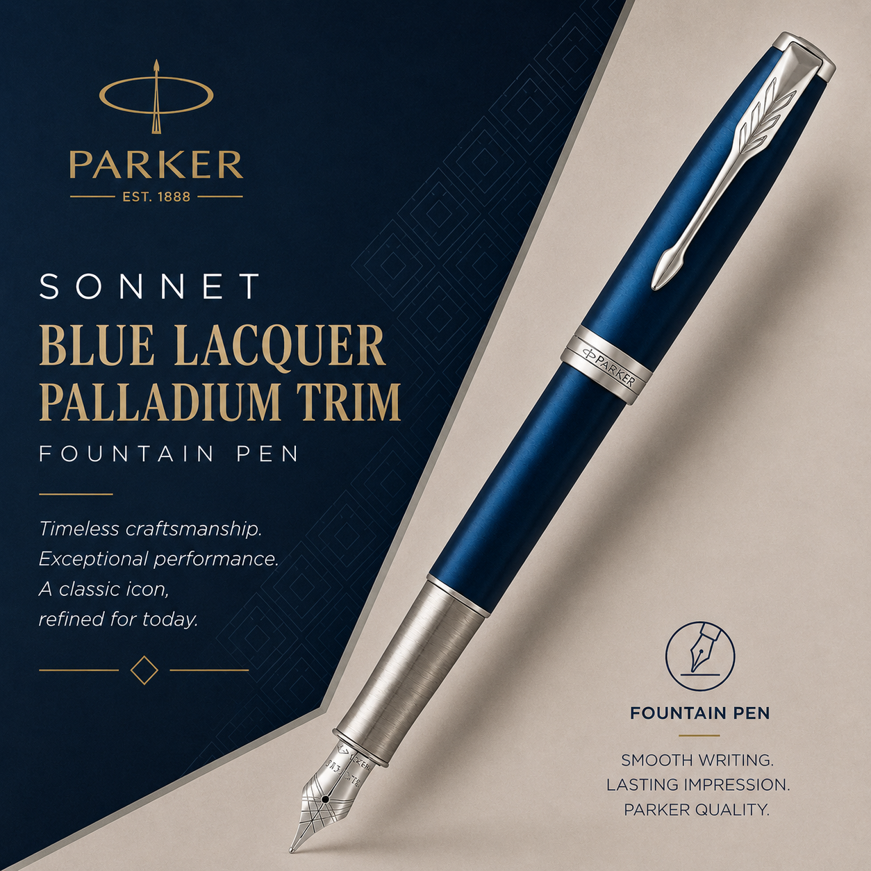 Parker Sonnet Fountain Pen – Blue Lacquer Palladium Trim, Medium Nib