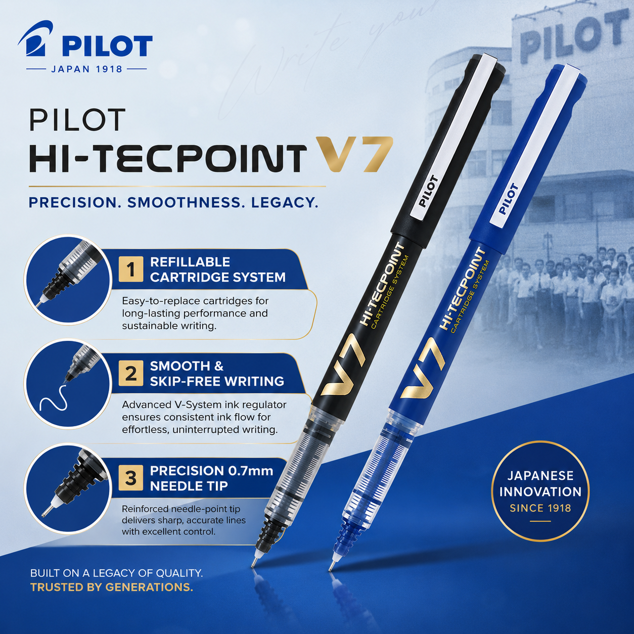 Pilot Hi-Tecpoint V7 Rollerball Pen – Blue & Black | Refillable Liquid Ink