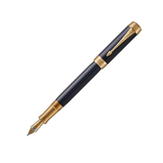 Parker Duofold Prestige Blue Chevron GT Fountain Pen – 18K Solid Gold Two-Tone Medium Nib