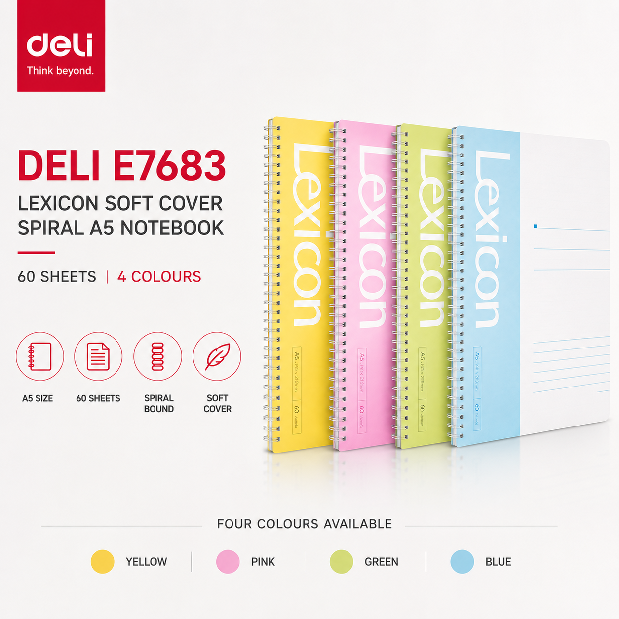 Deli E7683 Lexicon Soft Cover Spiral A5 Notebook – 60 Sheets