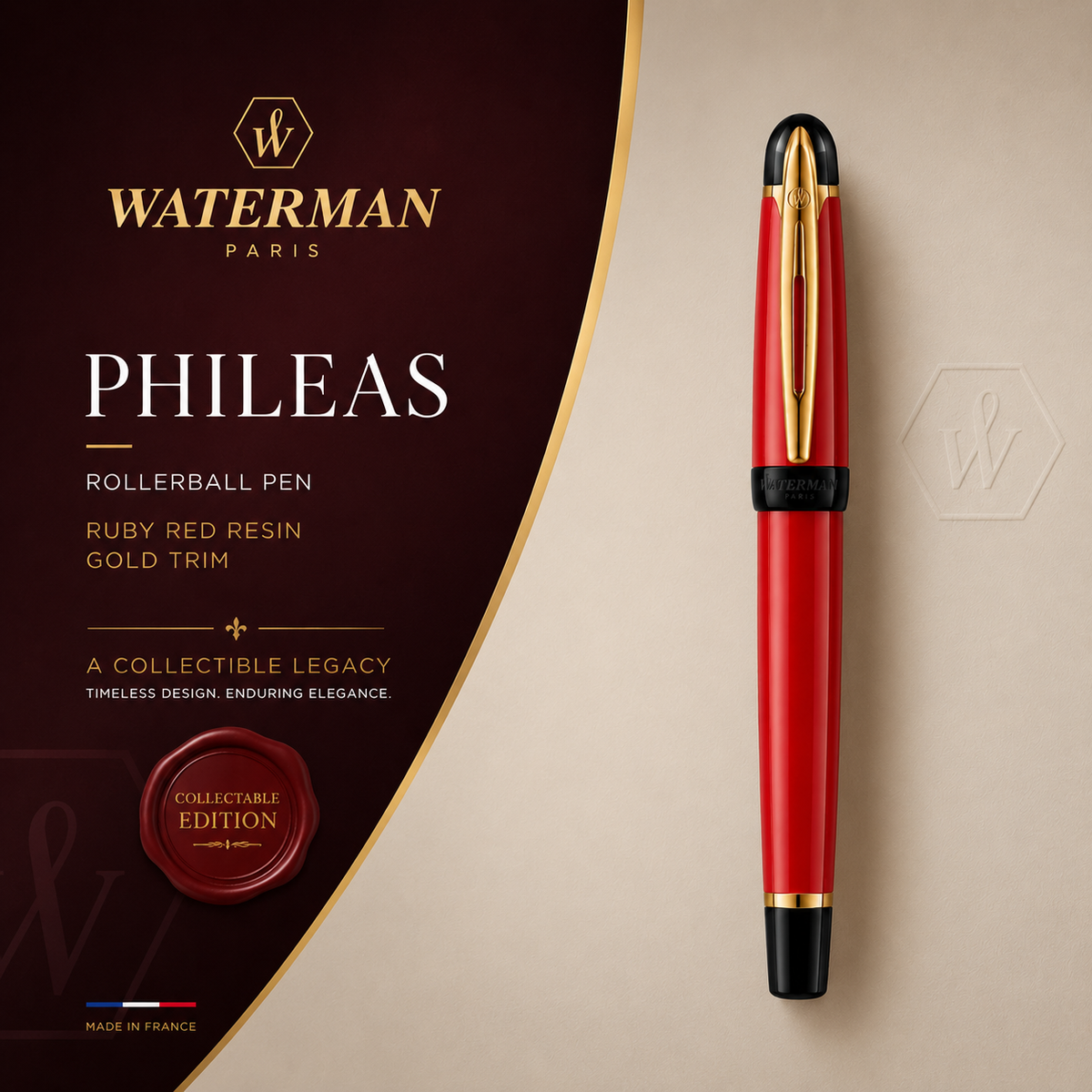 Waterman Phileas Rollerball Pen – Ruby Red Resin Body | Gold Trim
