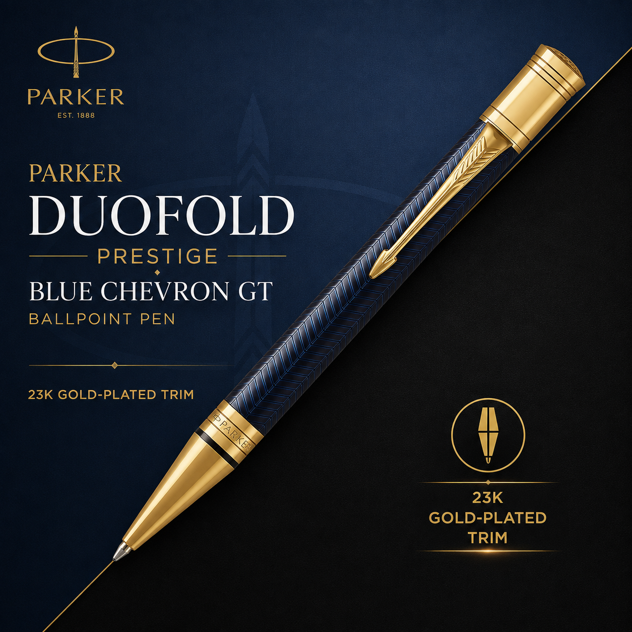 Parker Duofold Prestige Blue Chevron GT Ballpoint Pen – 23K Gold-Plated Trim