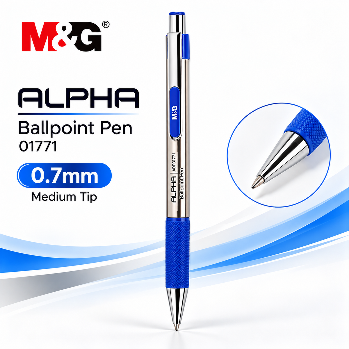 M&G Alpha Ballpoint Pen 01771 – 0.7mm Medium Tip | Smooth Writing Ball Pen (Blue)