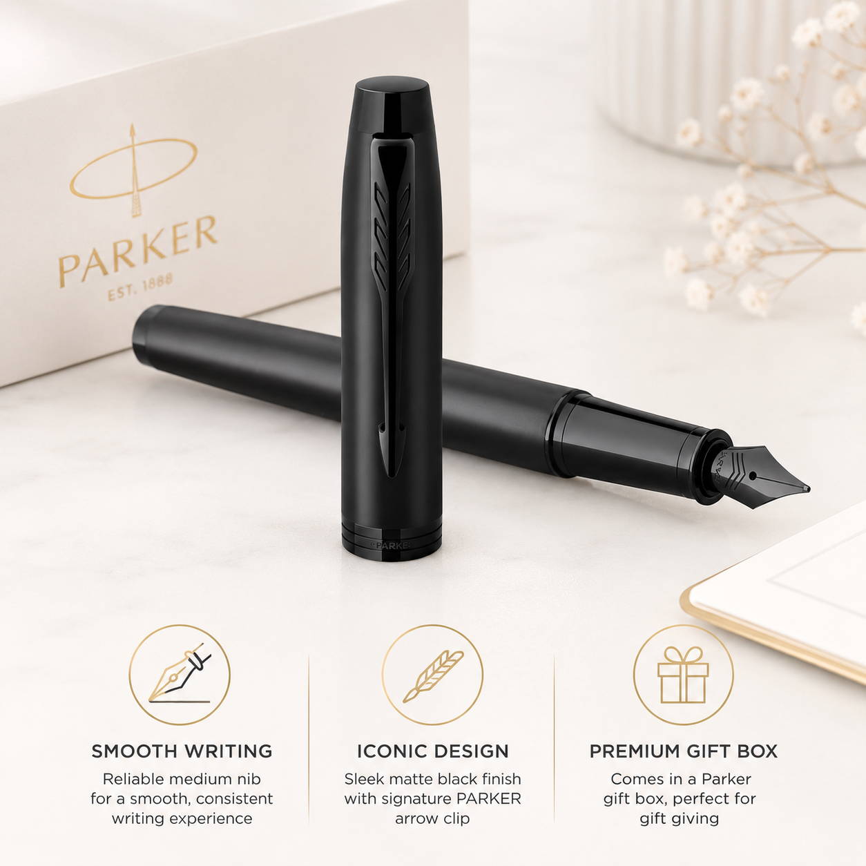 Parker IM Fountain Pen Matte Black – Medium Nib, Blue Ink & Gift Box