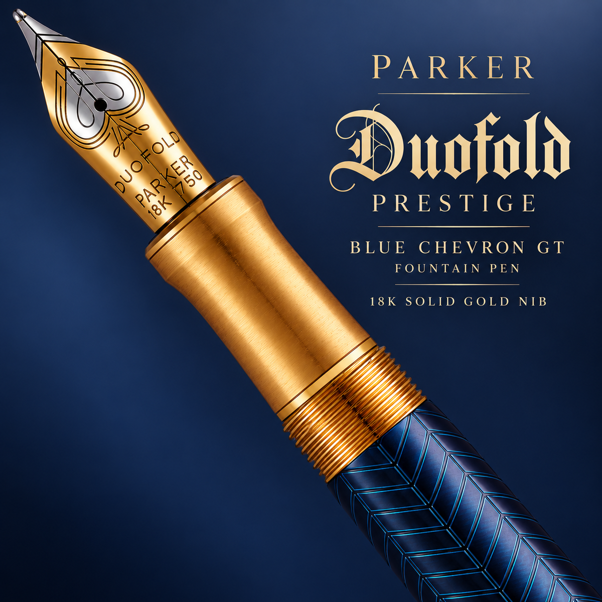 Parker Duofold Prestige Blue Chevron GT Fountain Pen – 18K Solid Gold Two-Tone Medium Nib