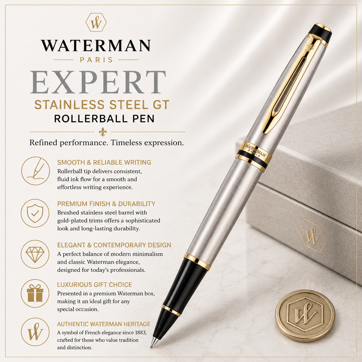 Waterman Expert Stainless Steel GT Rollerball Pen – Premium Writing Instrument