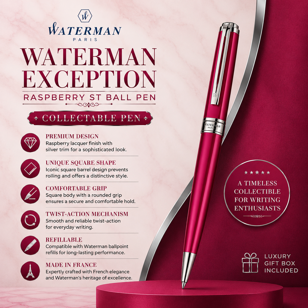 Waterman Exception Slim Ballpoint Pen – Raspberry & Silver Trim | Refurbished