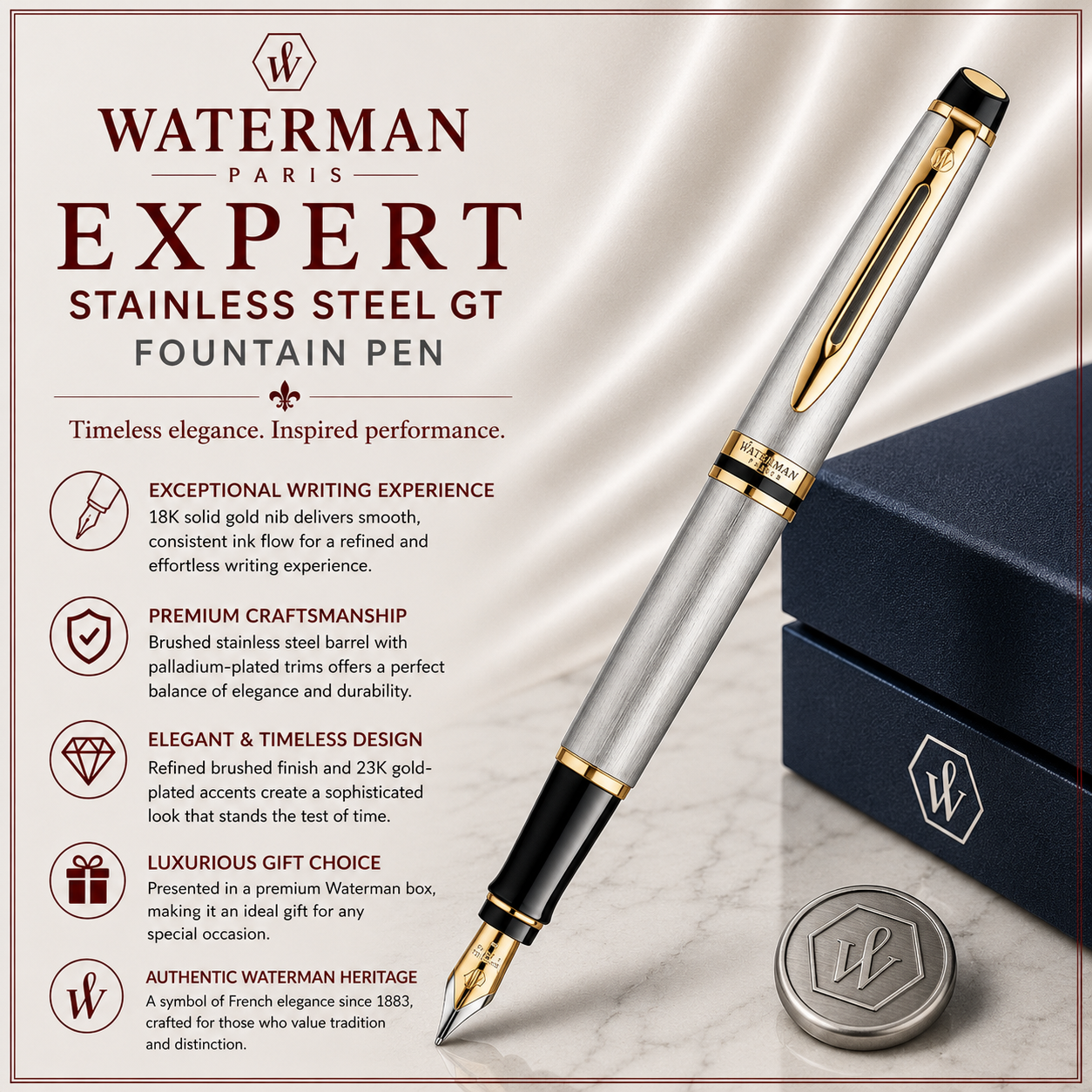 Waterman Expert Stainless Steel GT Fountain Pen – Premium Writing Instrument