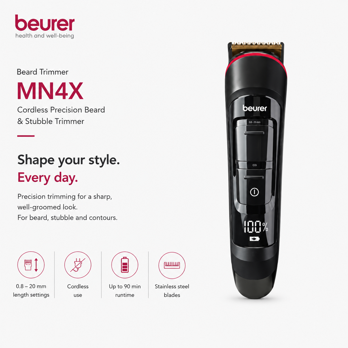 Beurer Beard Trimmer MN4X – Cordless Precision Beard & Stubble Trimmer