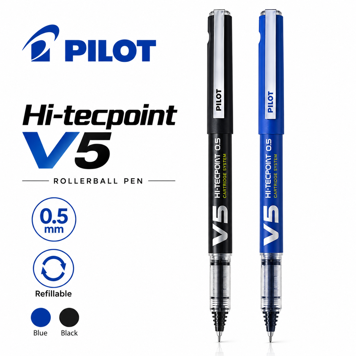 Pilot Hi-Tecpoint V5 Rollerball Pen – Blue & Black | Refillable Liquid Ink