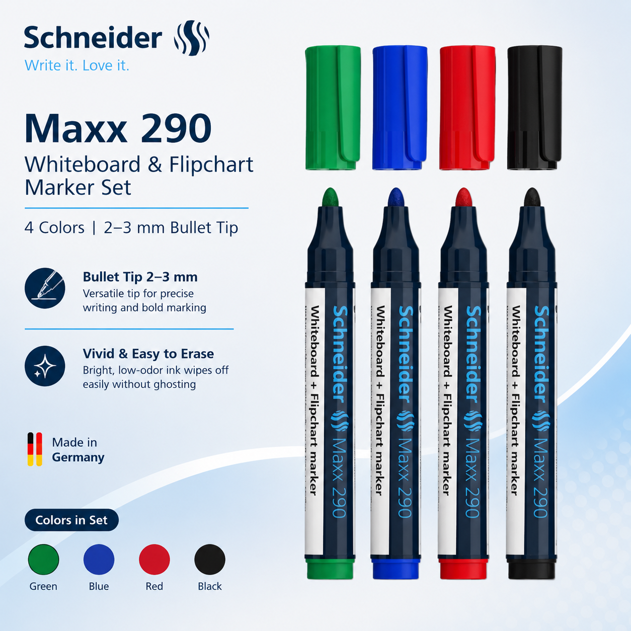 Schneider Maxx 290 Whiteboard & Flipchart Marker Set – 4 Colors | 2–3mm