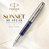 Parker Sonnet SE Atlas Fountain Pen – Blue Silver | 18K Gold Nib (Medium)