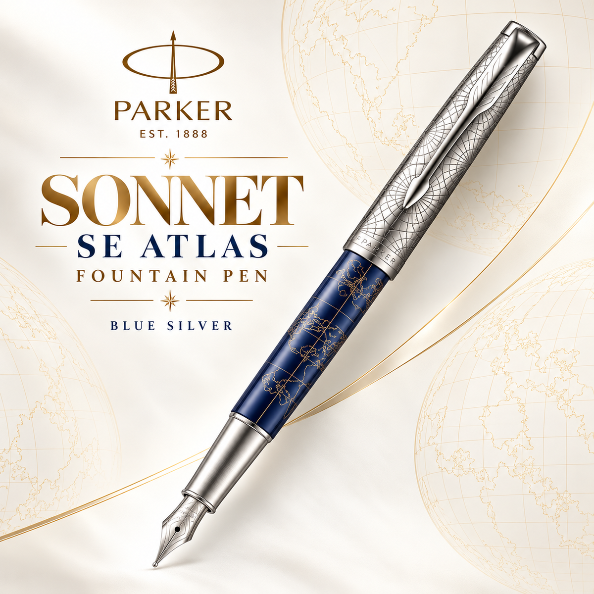 Parker Sonnet SE Atlas Fountain Pen – Blue Silver | 18K Gold Nib (Medium)