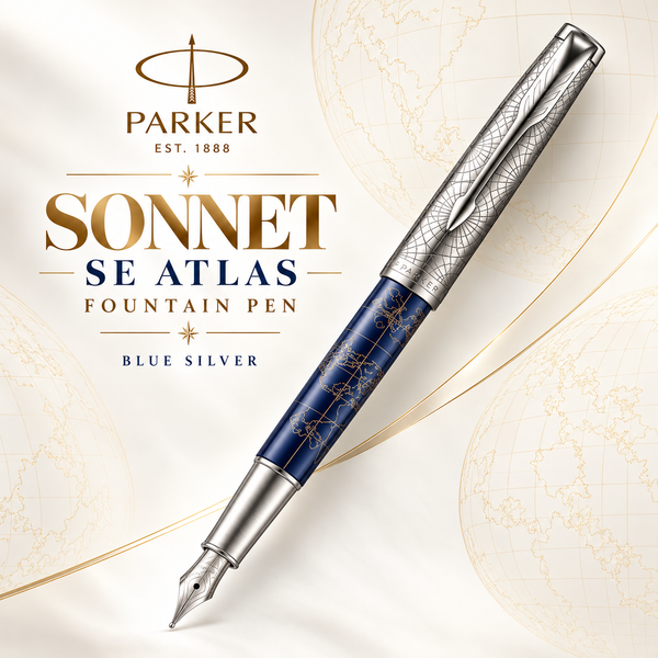 Parker Sonnet SE Atlas Fountain Pen – Blue Silver | 18K Gold Nib (Medium)