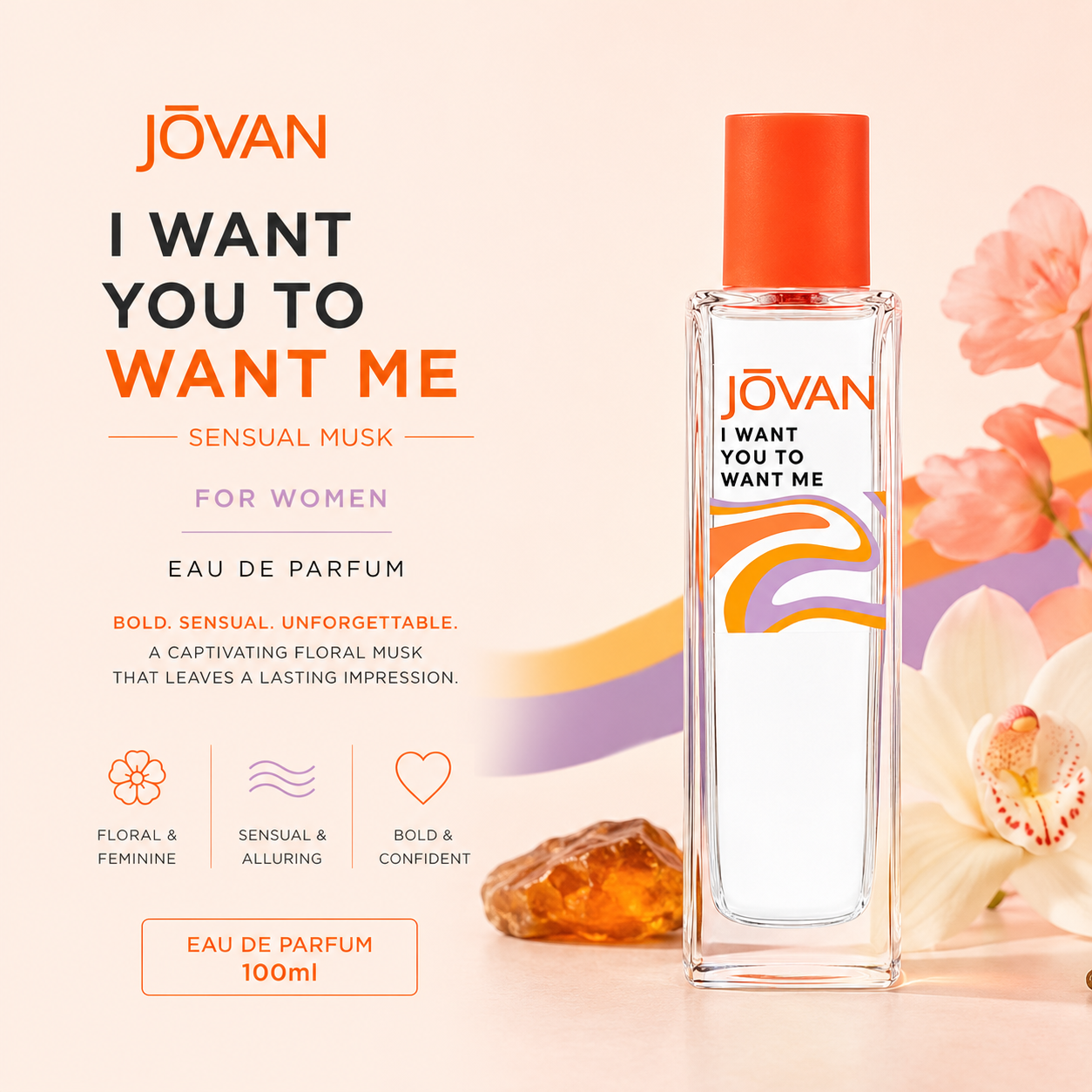 Jovan I Want You to Want Me sensual musk EDP 100ml, women's fragrance bottle