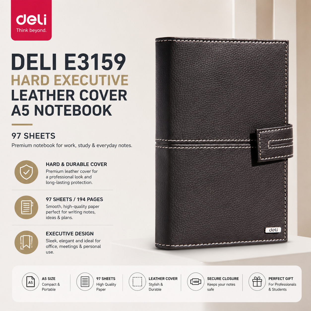 Deli E3159 Hard Executive Leather Cover A5 Notebook – 97 Sheets