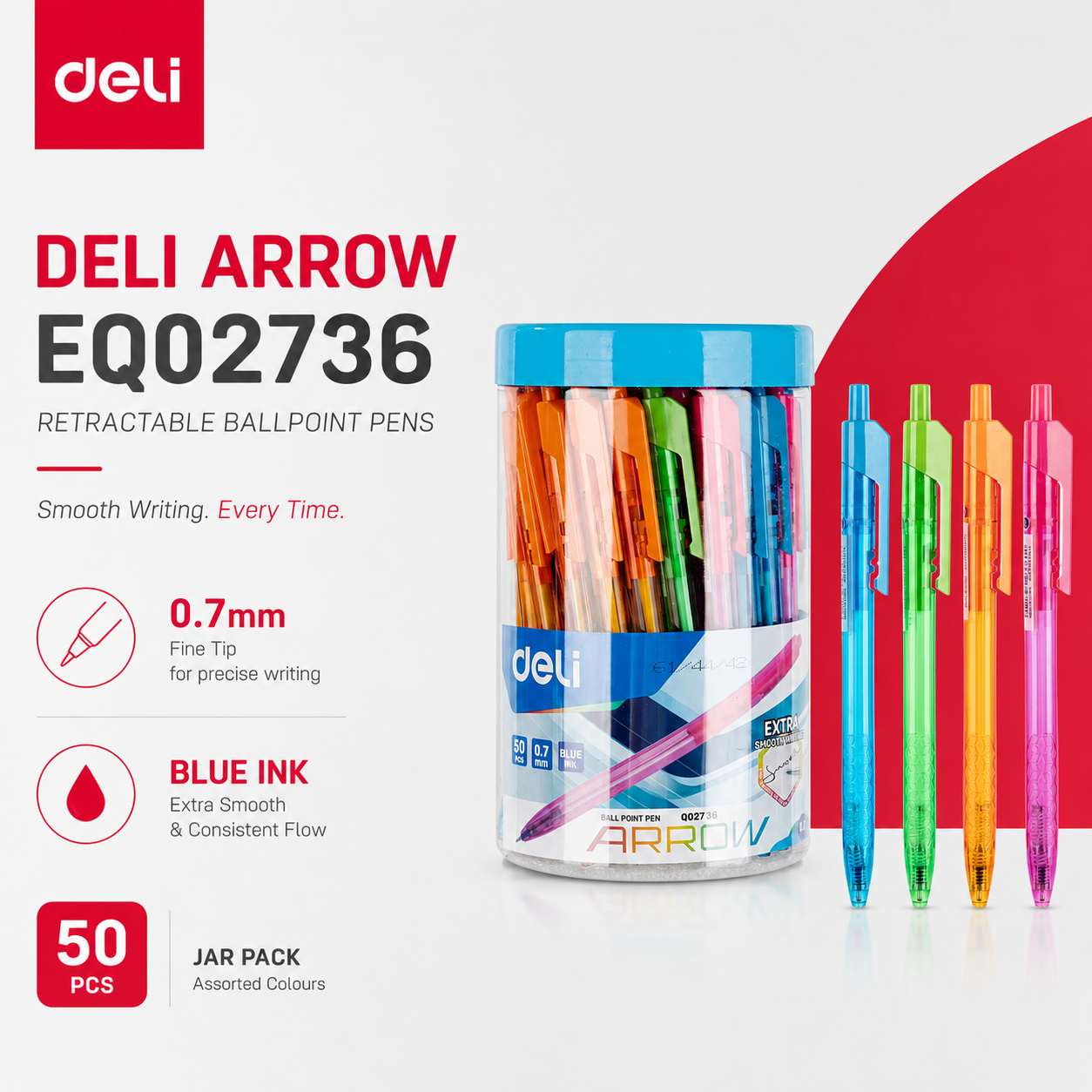 Deli Arrow EQ02736 Retractable Ballpoint Pens – 0.7mm | Blue Ink | Assorted Colours | 50-Piece Jar