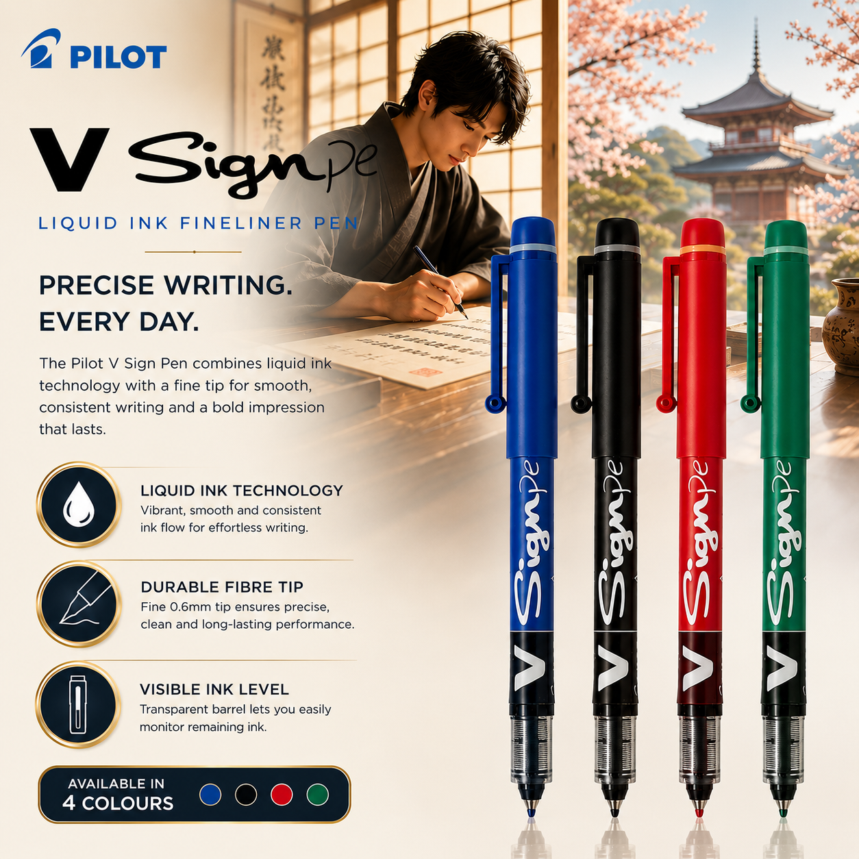 Pilot V Sign Pen – Fibre Tip Sign Pen 0.6mm (4 Colours)