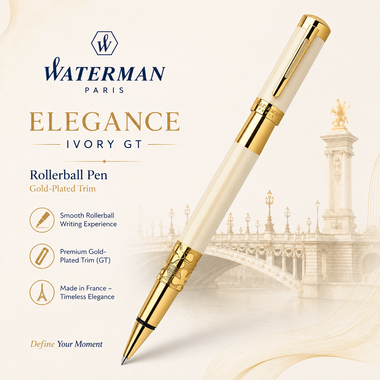 Waterman Elegance Ivory GT Rollerball Pen – Gold-Plated Trim