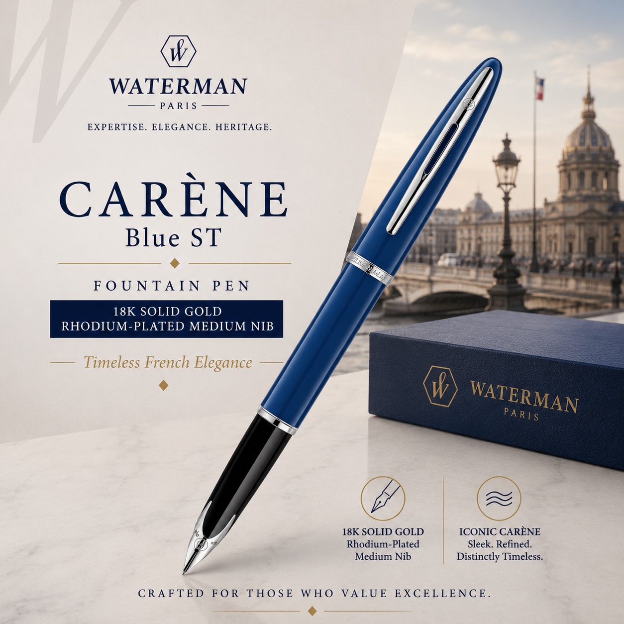 Waterman Carène Blue ST Fountain Pen – 18K Solid Gold Rhodium-Plated
