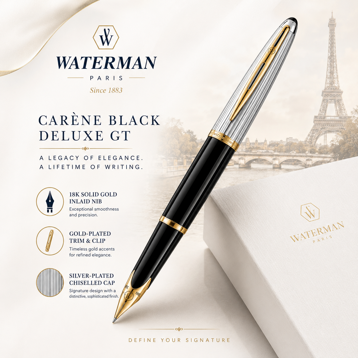 Waterman Carène Black Deluxe GT Fountain Pen | 18K Gold Nib