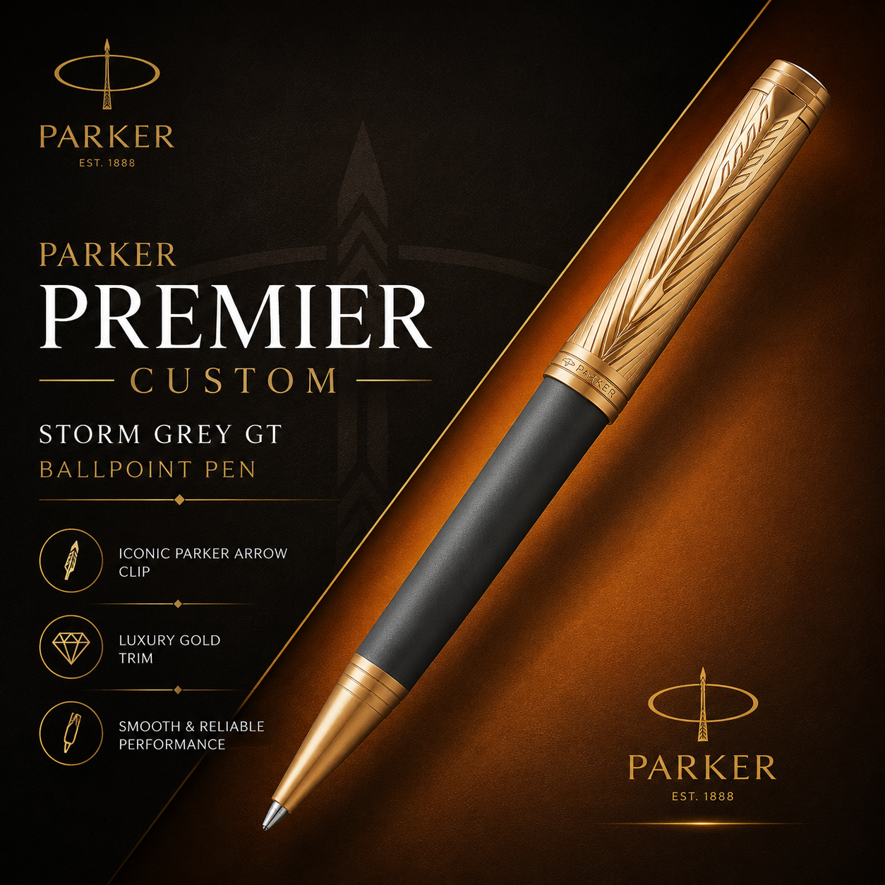 Parker Premier Custom Storm Grey GT Ballpoint Pen | Luxury Gold Trim Writing Instrument