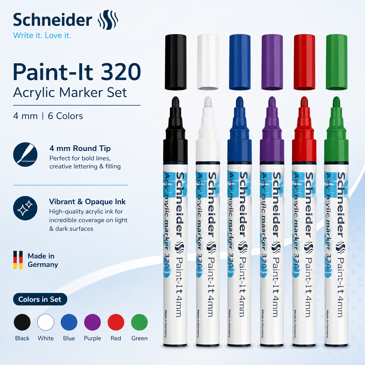 Schneider Paint-It 320 Acrylic Marker Set – 4mm | 6-Color Pack