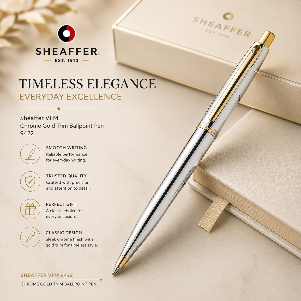 Sheaffer VFM Chrome Gold Trim Ballpoint Pen 9422