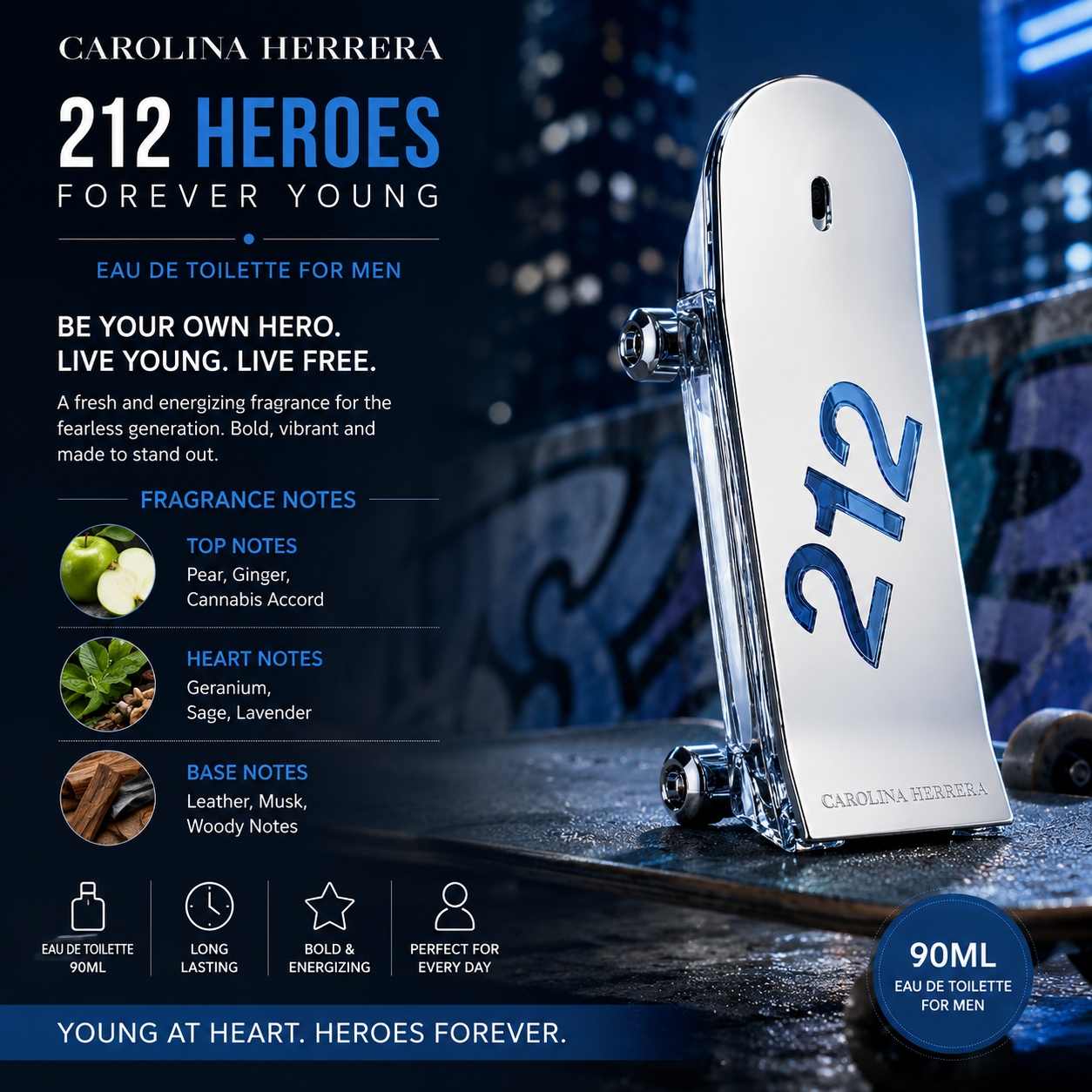 Carolina Herrera 212 Heroes Forever Young EDT for Men – 90ml | Fresh Woody Fragrance