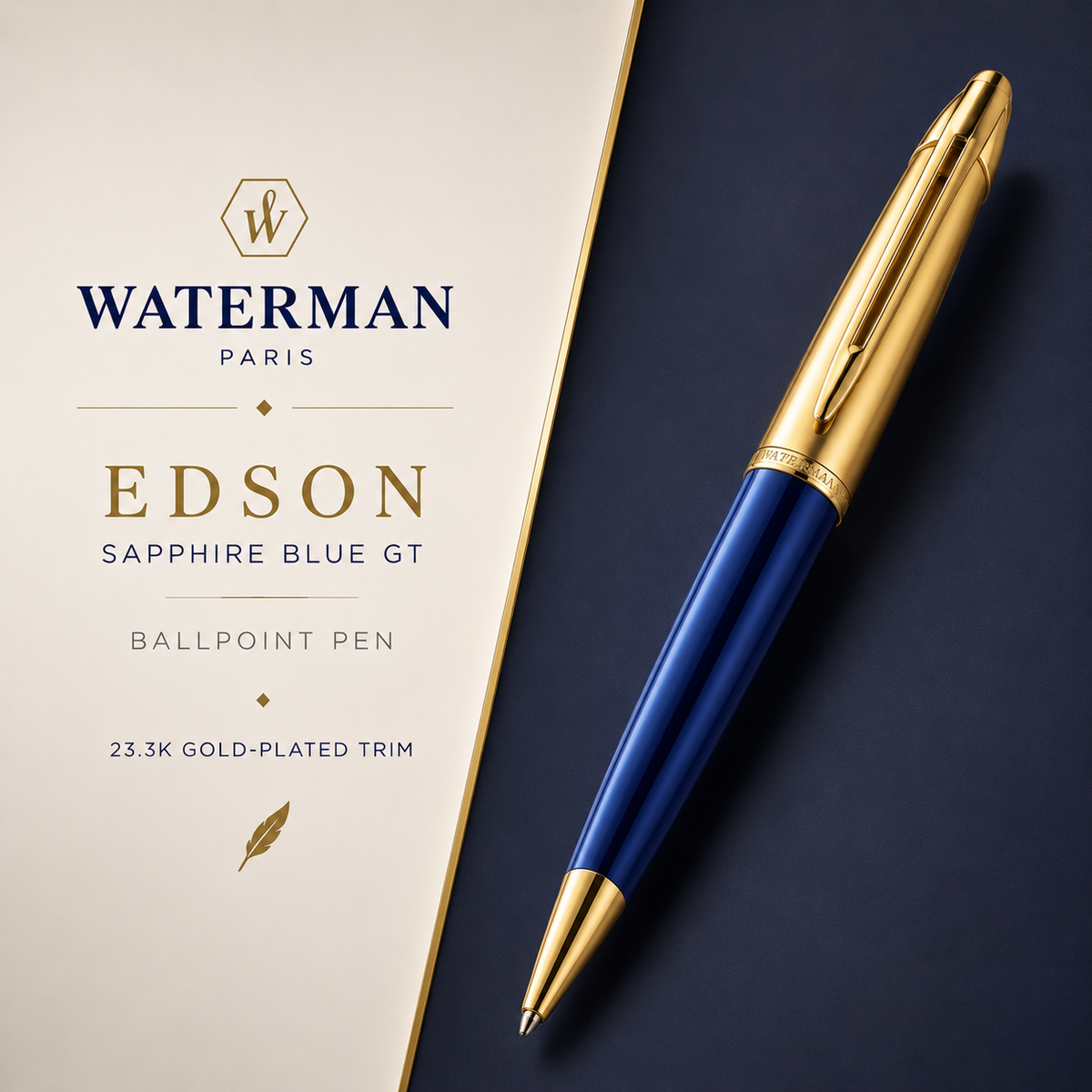 Waterman Edson Sapphire Blue GT Ballpoint Pen – 23.3K Gold-Plated Trim | Made in France